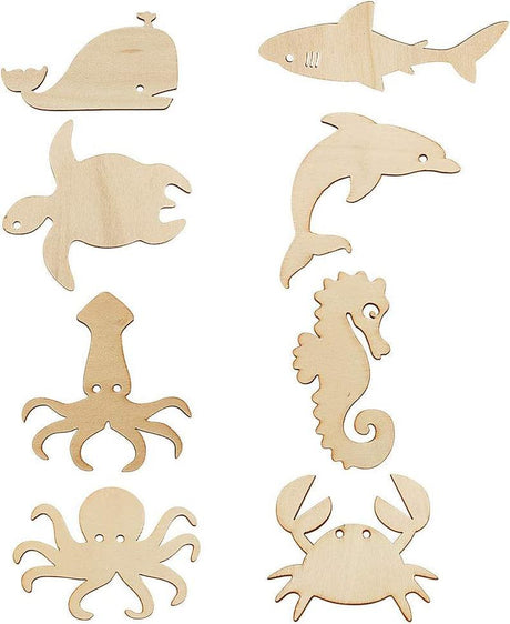 48 Pack Unfinished Wooden Ocean Sea Animal Life Cutouts,Octopus,Shark,Whale,Dolphin,Turtle,Crab,Squid,Seahorse Shapes (6 Pcs/Shape) WoodArtSupply
