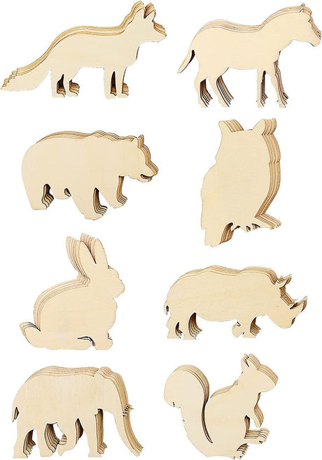48 Pack Unfinished Wooden Woodland Forest Animal Life Cutouts,Bear,Fox,Elephant,Rabbit,Squirrel,Horse,Rhinoceros,Owl Shapes (6 Pcs/Shape) WoodArtSupply