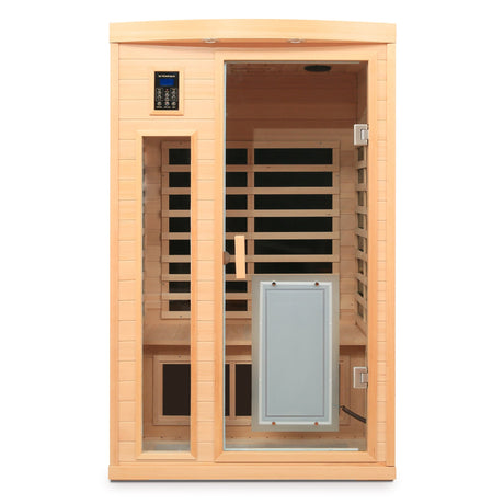 Low EMF, There is also a heating plate on the glass door, Hemlock wood Far-infrared indoor Two person sauna room HouseOfZazla