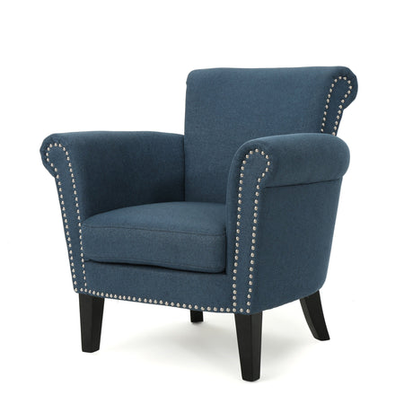 Elegant Navy Blue Fabric Club Chair with Nailhead Trim and Birch Wood Legs HouseOfZazla