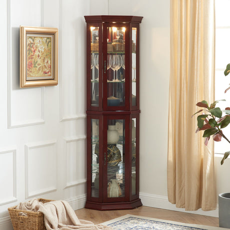 Corner Curio Cabinet With Lights, Adjustable Tempered Glass Shelves, Mirrored Back, Display Cabinet (E26 Light Bulb Not Included) HouseOfZazla