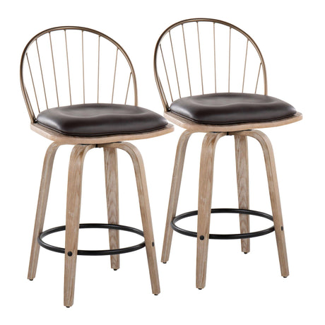 Riley - Farmhouse Fixed Height Counter Stool Round Footrest With Removable Cushion (Set of 2) - White Washed / Antique Copper / Brown HouseOfZazla