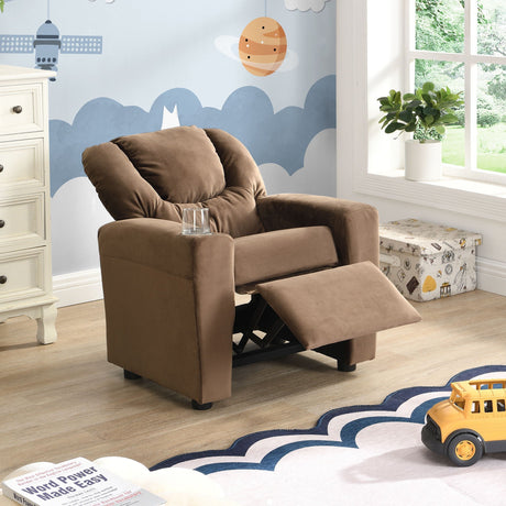Kids Recliner Chair with Cup Holder - Brown Upholstered Couch HouseOfZazla