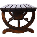 Outdoor Rustic Wooden Bench with Wagon Wheel Legs