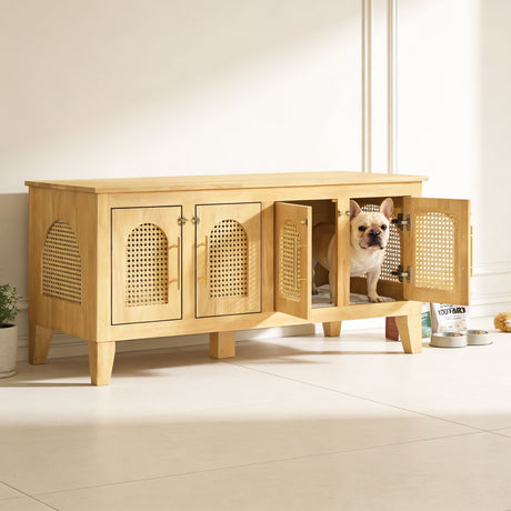 Lars Indoor Rattan Decorated Rubber Wood Dog Crate Cabinet HouseOfZazla
