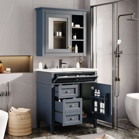 Bathroom Vanity With Medicine Cabinet, Royal Mirror Cabinet, Modern Bathroom Storage Cabinet With 2 Soft Closing Doors And 4 Drawers HouseOfZazla