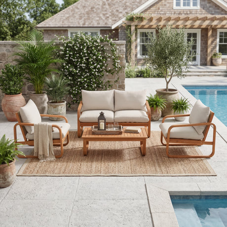 4-Piece Acacia Wood Outdoor Patio Furniture Set with Thick Cushions HouseOfZazla