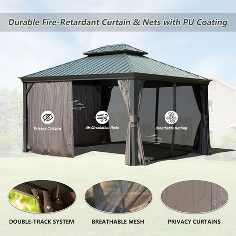 10' x 12' Hardtop Gazebo Outdoor Metal Gazebo with Galvanized Steel Double Roof Canopy, Aluminum Frame, Curtains and HouseOfZazla