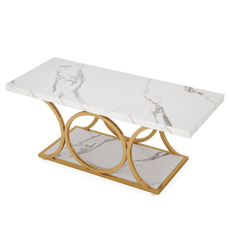 Rectangle Coffee Table, 2 Tier With Geometric Legs, Furniture With Storage Shelf - White / Gold HouseOfZazla
