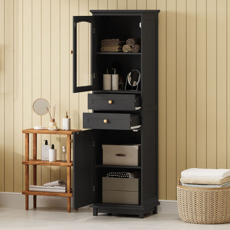 Tall Bathroom Storage Cabinet With Glass Doors, Free-Standing, Two Drawers, And Adjustable Shelves, Board, Painted Perfect For Displaying Your Favorite Items HouseOfZazla