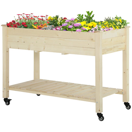 Outsunny - Raised Garden Bed, 47" x 22" x 33", Elevated Wooden Planter Box With Lockable Wheels, Storage Shelf, And Bed Liner For Backyard, Patio - Natural HouseOfZazla