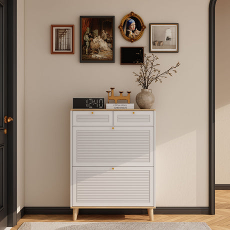 Modern Freestanding Shoe Cabinet With Flip Up Doors And Drawers, Compact Design For Entryway - White Natural HouseOfZazla