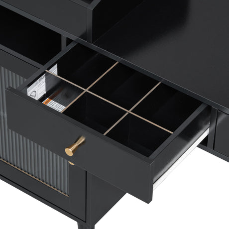 Modern Makeup Vanity Desk With Drawers Cabinet & Charging Port Engineered Wood Space Saving Design For Small Places - Black HouseOfZazla