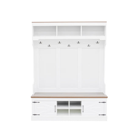 Hall Tree With Bench And Shoe Storage, 5 In 1 Entryway Organizer Cabinet With Coat Rack, 4 Shoe Cubbies & 7 Hooks - White HouseOfZazla