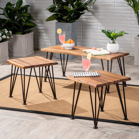 Zion Outdoor Industrial Iron Coffee Table and 2 Side Tables - Teak HouseOfZazla