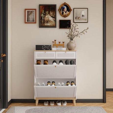 Modern Freestanding Shoe Cabinet With Flip Up Doors And Drawers, Compact Design For Entryway - White Natural HouseOfZazla