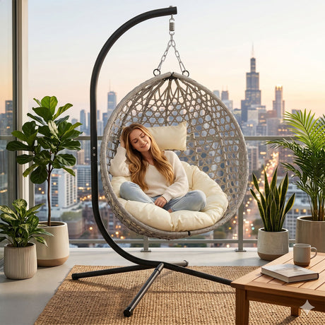 Folding PE Rattan Hanging Egg Chair with Stand HouseOfZazla