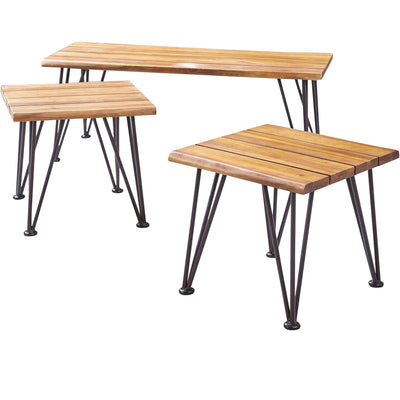 Zion Outdoor Industrial Iron Coffee Table and 2 Side Tables - Teak