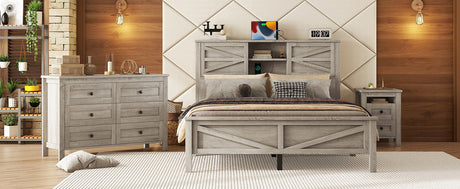 3-Pieces Bedroom Set Queen Size Farmhouse Platform Bed with Storage Headboard and Charging Station HouseOfZazla
