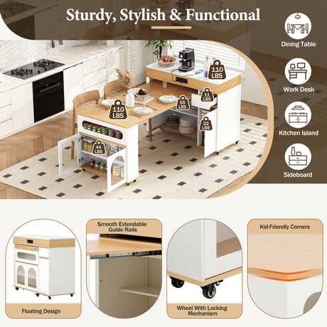 Extendable Dining Table With Folding Top, Rolling Kitchen Island With Drawers And Power Outlet HouseOfZazla