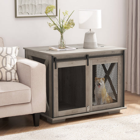 Farmhouse Dog Cage Crate Furniture with Sliding Barn Door HouseOfZazla