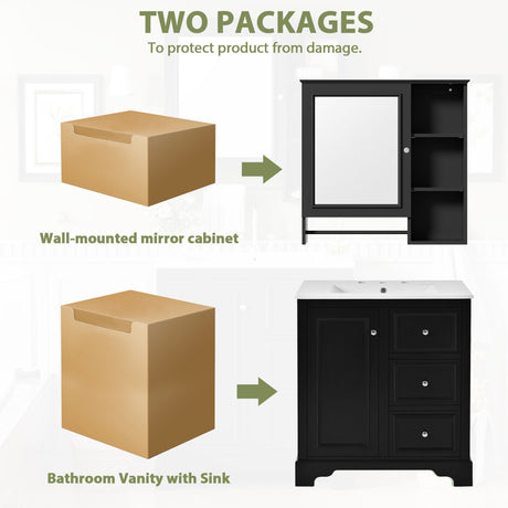 Bathroom Vanity With Sink, Modern Elegant Bathroom Storage Cabinet With 3 Drawers And Adjustable Shelves, Freestanding Vanity Set With Mirror Cabinet, Single Sink Bathroom Vanity HouseOfZazla