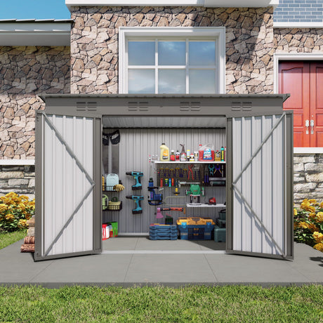 Outdoor Storage Shed, Tool House With Sloping Roof, 6 Vents And 2 Swing Doors For Backyard - Gray HouseOfZazla