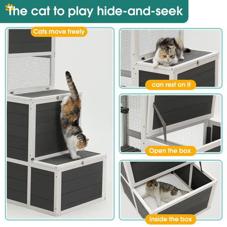 3 Tier Wooden Outdoor & Indoor Cat House Suitable For 1-3 Cats Cat Enclosure Resting Box With 4 Platforms And 2 Doors Cat Shelter Kitty House With A Jump Box For Hiding And Resting Cat Cage - Gray HouseOfZazla