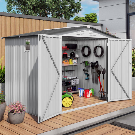 Outdoor Garden Storage Shed, Tool Shed With Pitched Roof Waterproof With 1 Window And 2 Lockable Door - White / Gray HouseOfZazla