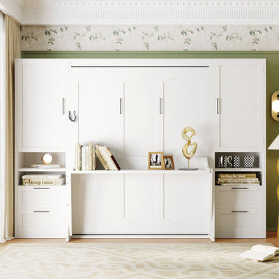 Queen Size Murphy Bed Wall Bed with Closet, Drawers and Shelves, White