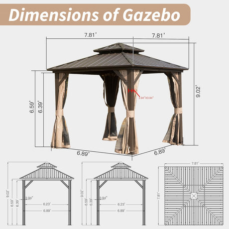8' x 8' Hardtop Gazebo with Aluminum Frame and Double Roof Canopy HouseOfZazla