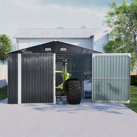 Outdoor Storage Shed Metal Garage Shed For Car, Bike, Lawnmower Backyard Tool House Building 2 Doors And 4 Vents - Black HouseOfZazla