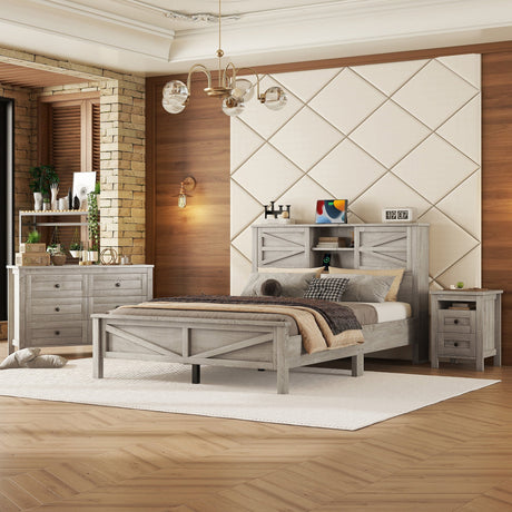 3-Pieces Bedroom Set Queen Size Farmhouse Platform Bed with Storage Headboard and Charging Station HouseOfZazla