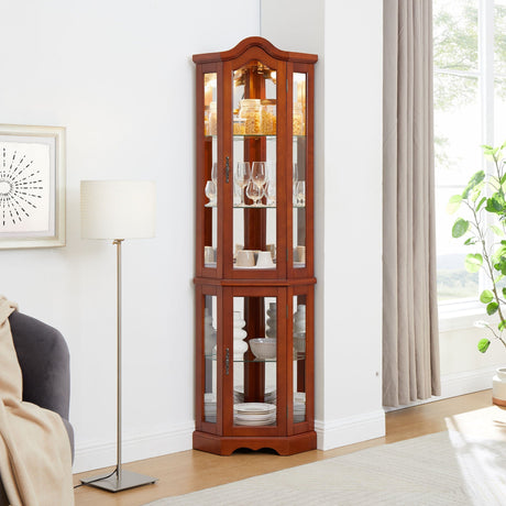 Corner Curio Cabinet With Lights, Adjustable Shelves, Mirrored Back - Walnut HouseOfZazla
