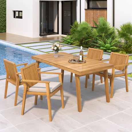 5 Piece Patio Furniture Set Acacia Wood Table And 4 Heavy Duty Cushioned Chairs HouseOfZazla