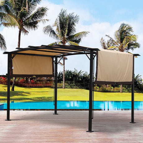 Outdoor Patio Pergola Gazebo - Steel Frame Sun Shelter With Retractable Canopy HouseOfZazla