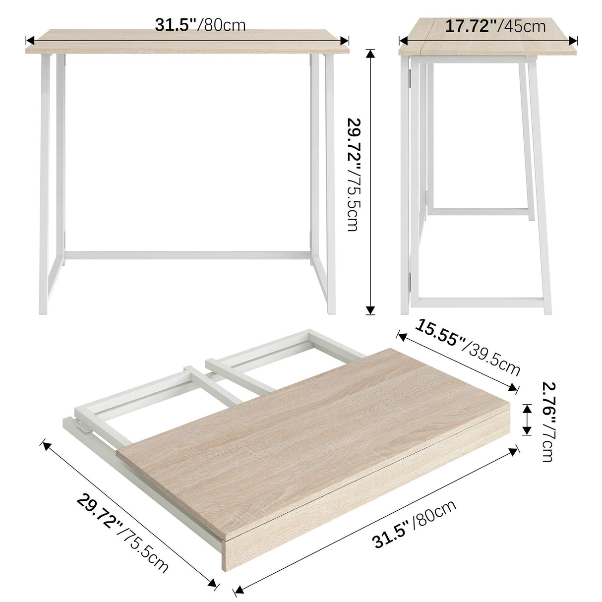 4NM 31.5" Folding Desk, Simple Assembly Computer Desk Study Writing Table for Small Space Offices/Home - Natural and White 4NM