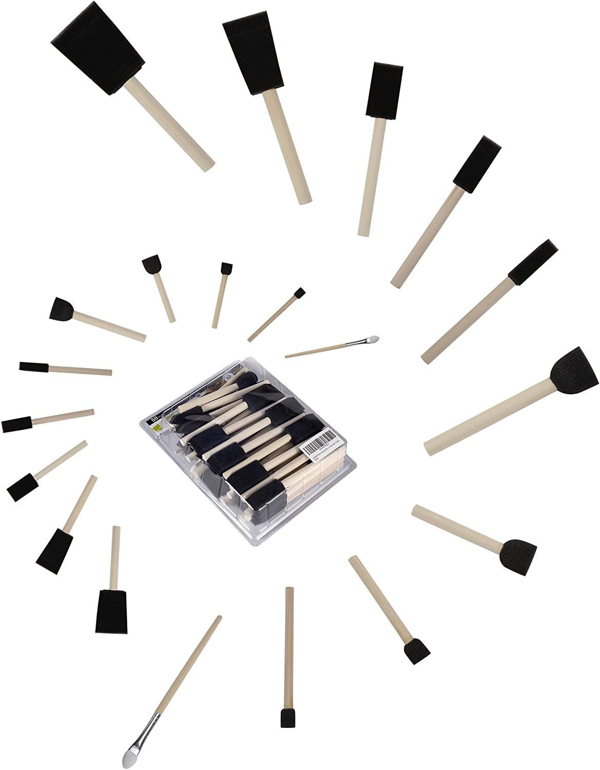50 Pack 0.5"-2" Different Size Assorted Foam Brush Wood Handle Paint Brush Set, Durable Acrylics, Stains, Crafts WoodArtSupply