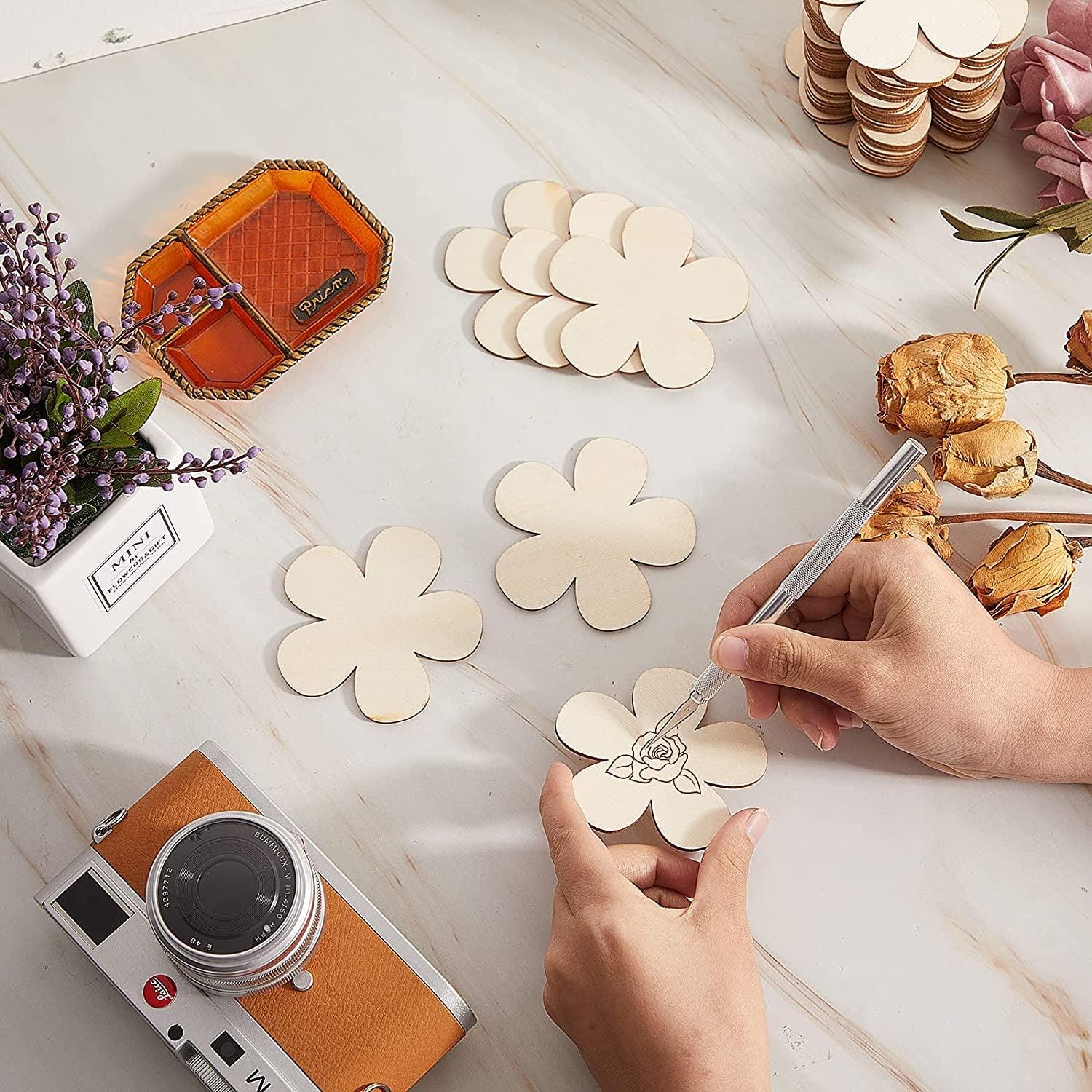 50 Pieces 3 Inch Unfinished Wooden Flower Cutouts Discs Crafts Blank Shape Wood Ornaments Slices for DIY Projects Decoration WoodArtSupply