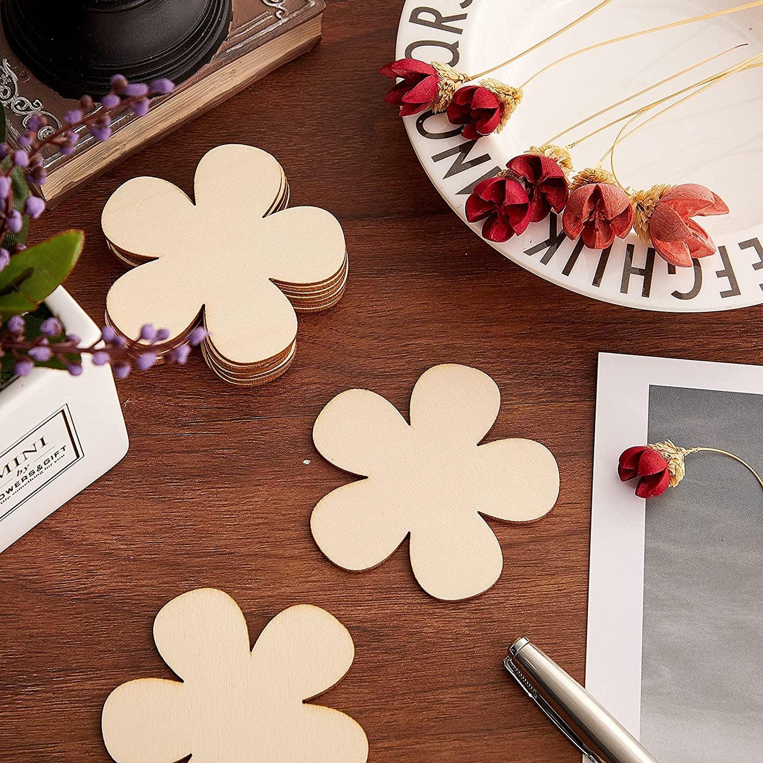 50 Pieces 3 Inch Unfinished Wooden Flower Cutouts Discs Crafts Blank Shape Wood Ornaments Slices for DIY Projects Decoration WoodArtSupply