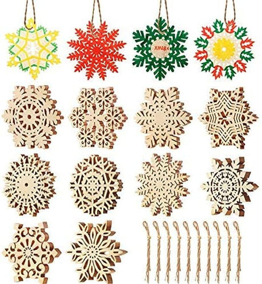 50 Pieces Christmas Wooden Ornaments Snowflake Shaped Unfinished Wood Xmas Tree Hanging with Drawstrings 3.15 Inches - WoodArtSupply