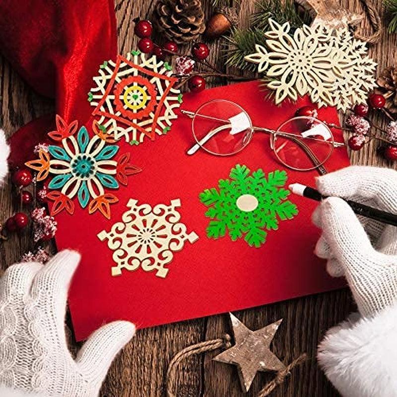 50 Pieces Christmas Wooden Ornaments Snowflake Shaped Unfinished Wood Xmas Tree Hanging with Drawstrings 3.15 Inches - WoodArtSupply