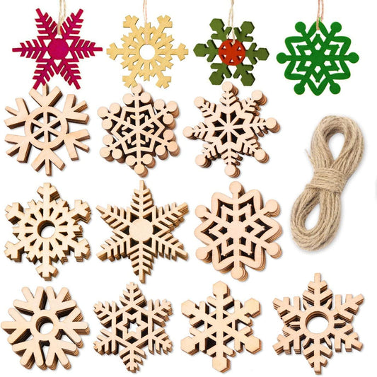 50 Pieces Christmas Wooden Snowflake Ornaments Unfinished DIY Wood Snowflake Cutouts Christmas Tree Hanging Ornaments with Strings - WoodArtSupply