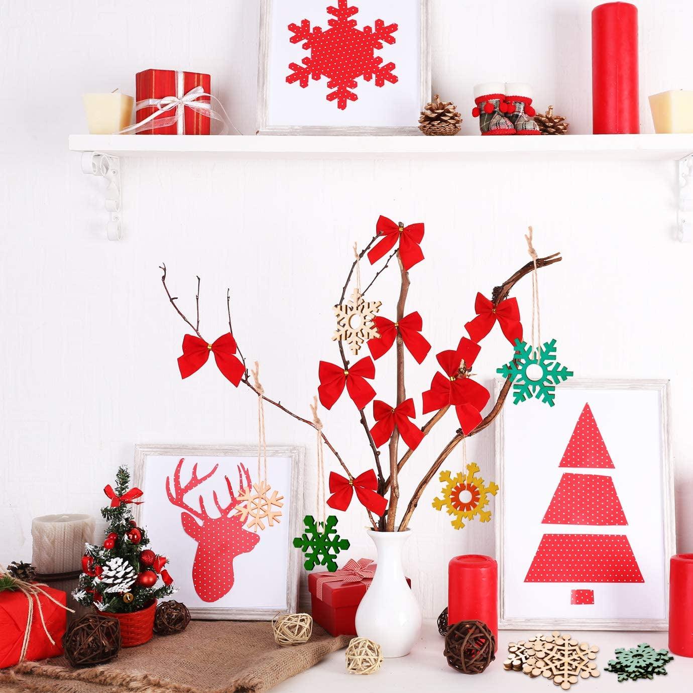 100 Pcs Christmas Unfinished Wooden Snowflake Ornaments Snowflake Hanging  Cutouts Blank Wood Slices with Cord Craft Embellishments for Xmas Tree