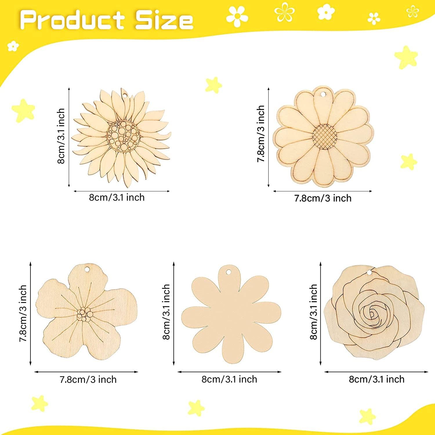 50 Pieces Flowers Unfinished Wooden Cutouts for Crafts Sunflower Wood Slices Flower Wooden - WoodArtSupply