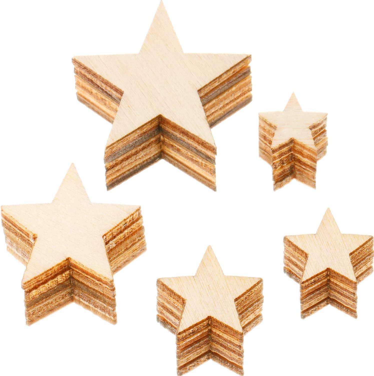 500 Pieces Wooden Star Slices Wood Cutouts Blank Star Shape Wood Unfinished Star Ornaments DIY Supplies, 5 Sizes - WoodArtSupply