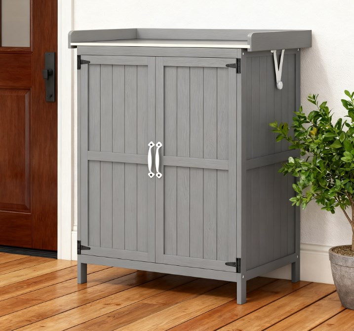 Wooden Potting Bench with 2 Doors and Outdoor Storage Cabinet