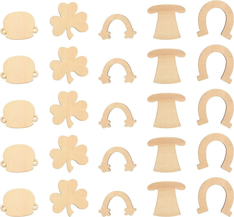 50Pcs St. Patricks Day Unfinished Wooden Blank Wooden Shamrock Horseshoe Rainbow Wood Cutouts WoodArtSupply