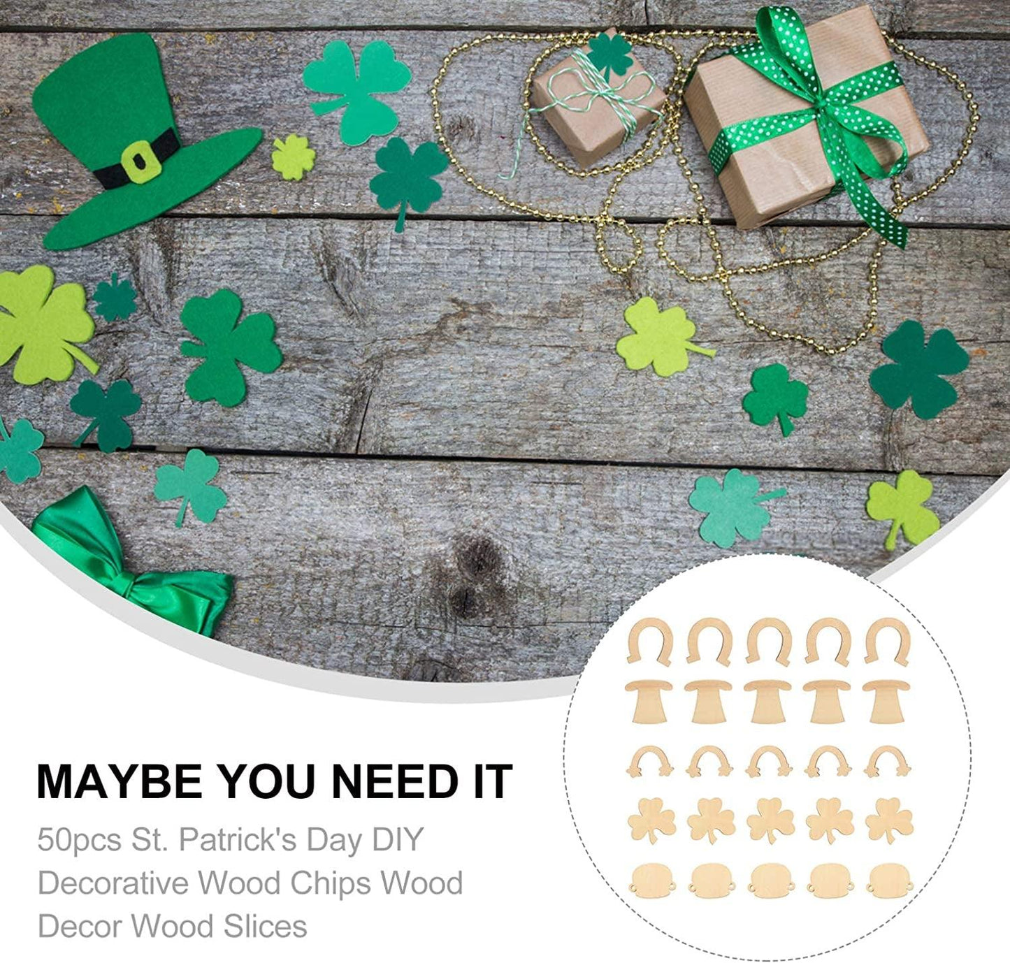 50Pcs St. Patricks Day Unfinished Wooden Blank Wooden Shamrock Horseshoe Rainbow Wood Cutouts - WoodArtSupply