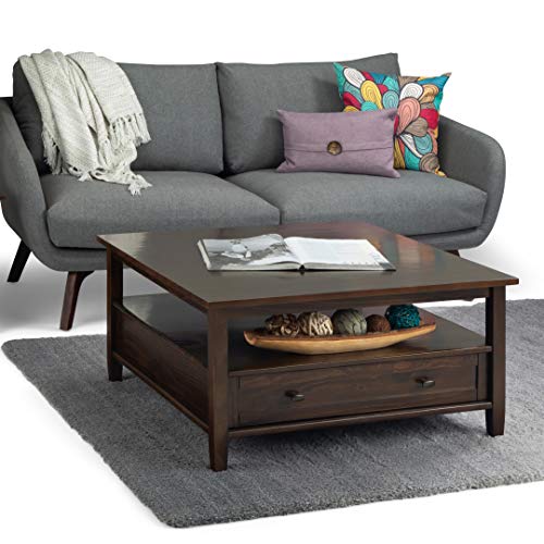 SIMPLIHOME Warm Shaker Square Coffee Table - 36 inch Wide Solid Wood Cocktail Table in Tobacco Brown, Transitional Living Room Table with Large Storage Drawer and Open Shelf for Sitting Area SIMPLIHOME